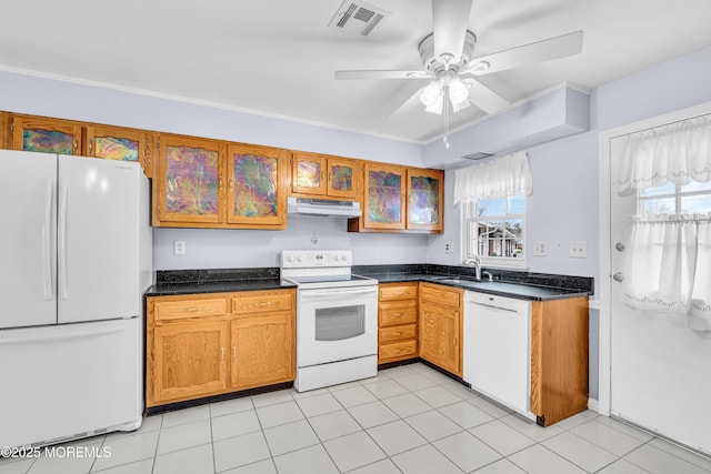 1237A Hamilton Ct, Lakewood, NJ 08701 - kitchen featuring visible vents, a sink, dark countertops, white appliances, and under cabinet range hood
