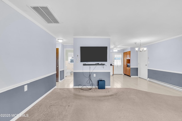 1237A Hamilton Ct, Lakewood, NJ 08701 - unfurnished living room featuring ceiling fan with notable chandelier, light tile patterned floors, ornamental molding, visible vents, and a baseboard radiator