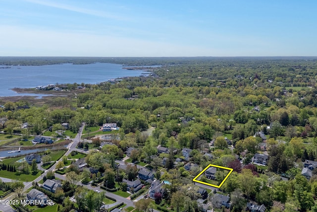 birds eye view of property with a water view and a forest view