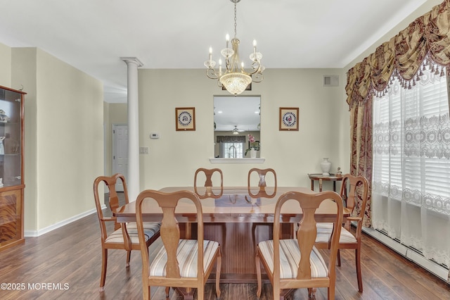 40 Isabella Dr, Manchester, NJ 08759 - dining space with a notable chandelier, visible vents, a baseboard heating unit, and wood finished floors
