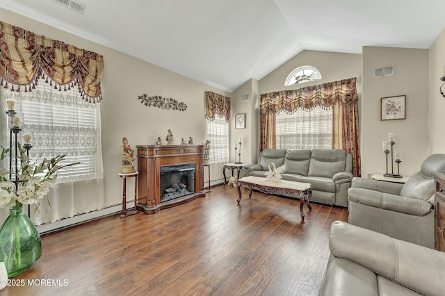 40 Isabella Dr, Manchester, NJ 08759 - living area with baseboard heating, hardwood / wood-style floors, lofted ceiling, and visible vents