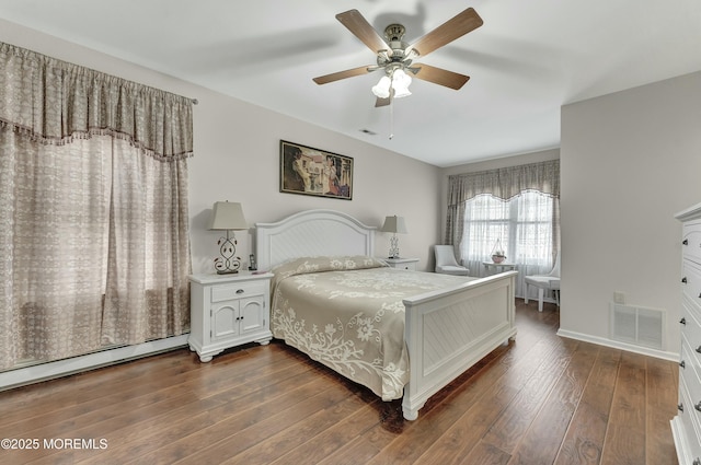 40 Isabella Dr, Manchester, NJ 08759 - bedroom with a baseboard radiator, ceiling fan, dark wood finished floors, and visible vents