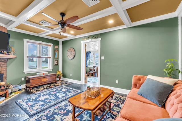 6 Beachwood Blvd, Beachwood, NJ 08722 - living room featuring coffered ceiling, ceiling fan, visible vents, and a wealth of natural light