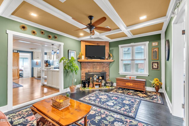 6 Beachwood Blvd, Beachwood, NJ 08722 - living room featuring ceiling fan, a fireplace, crown molding, wood finished floors, and coffered ceiling