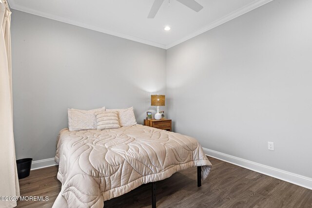 211 Pine Dr, Bayville, NJ 08721 - bedroom featuring crown molding, a ceiling fan, recessed lighting, wood finished floors, and baseboards