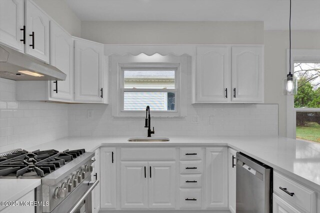 101 Torrey Pines Dr, Toms River, NJ 08757 - kitchen with white cabinetry, backsplash, under cabinet range hood, appliances with stainless steel finishes, and a sink