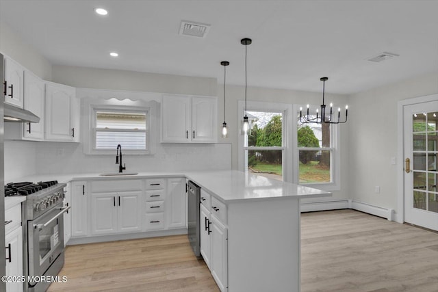 101 Torrey Pines Dr, Toms River, NJ 08757 - kitchen featuring visible vents, a sink, a peninsula, stainless steel appliances, and decorative backsplash