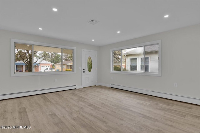101 Torrey Pines Dr, Toms River, NJ 08757 - unfurnished living room featuring visible vents, a baseboard radiator, a healthy amount of sunlight, and baseboard heating