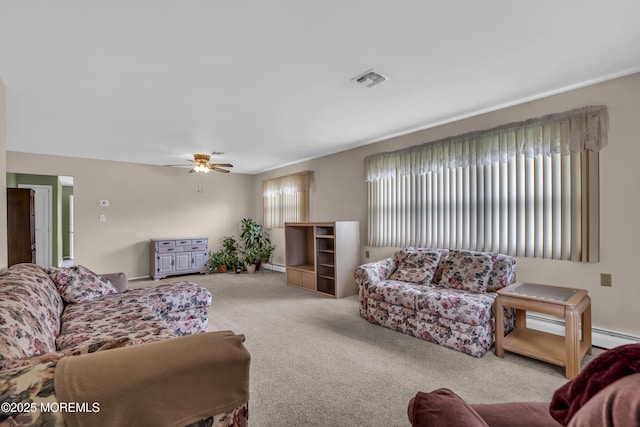 37 Scarborough Pl, Toms River, NJ 08757 - living room featuring ceiling fan, carpet, and a baseboard heating unit