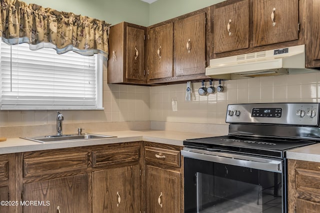 37 Scarborough Pl, Toms River, NJ 08757 - kitchen featuring a sink, backsplash, stainless steel electric stove, and under cabinet range hood