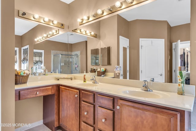 41 Hedgerow Ln, Manalapan, NJ 07726 - bathroom featuring a sink, double vanity, and a stall shower