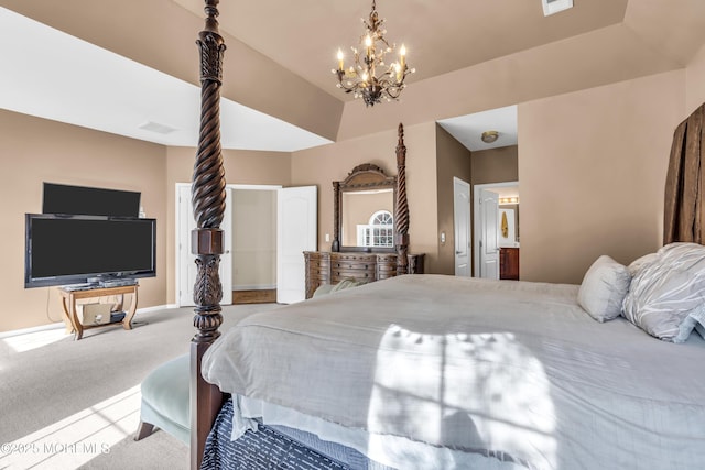 41 Hedgerow Ln, Manalapan, NJ 07726 - carpeted bedroom featuring ensuite bath, visible vents, baseboards, and a notable chandelier