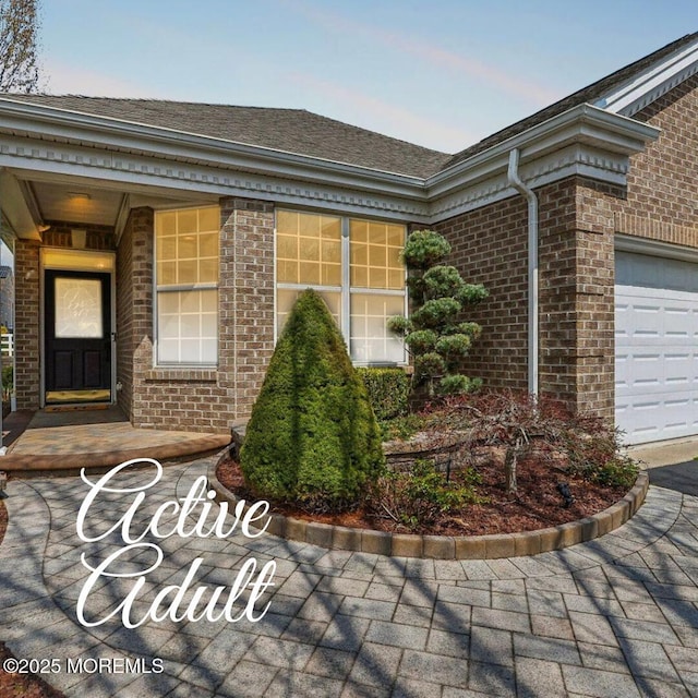 property entrance featuring brick siding, roof with shingles, and a garage