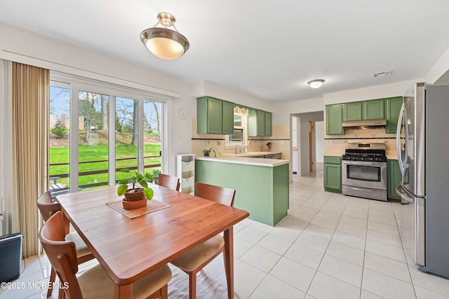 kitchen featuring tasteful backsplash, visible vents, green cabinets, under cabinet range hood, and appliances with stainless steel finishes