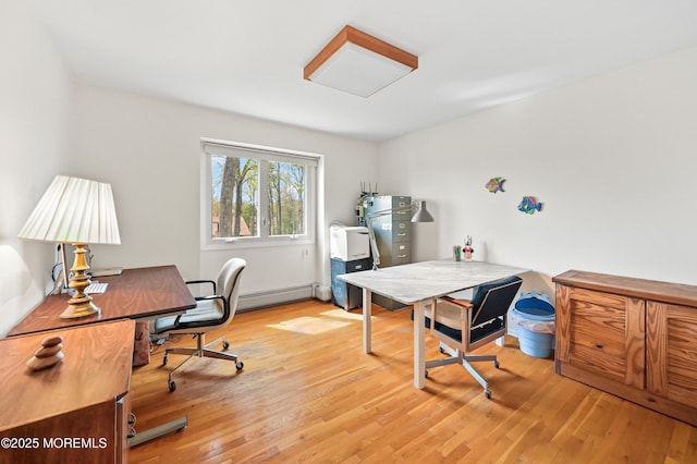 office area featuring attic access, wood finished floors, and baseboard heating