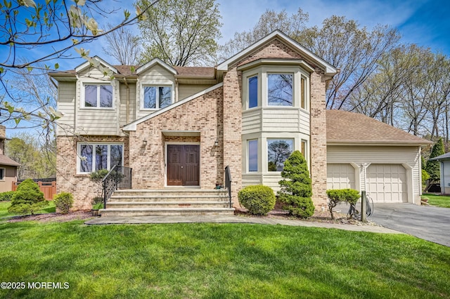 view of front of home with a front lawn, aphalt driveway, a garage, brick siding, and roof with shingles