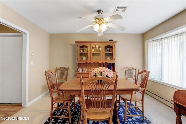 455B Portsmouth Dr, Lakewood, NJ 08701 - dining room with visible vents, baseboards, a ceiling fan, and a baseboard heating unit