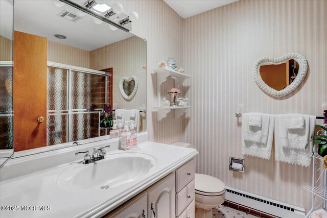455B Portsmouth Dr, Lakewood, NJ 08701 - full bathroom with wallpapered walls, a stall shower, toilet, visible vents, and a baseboard radiator