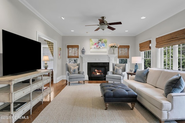 15 Monmouth Ave, Rumson, NJ 07760 - living area featuring a ceiling fan, recessed lighting, crown molding, a fireplace with flush hearth, and wood finished floors