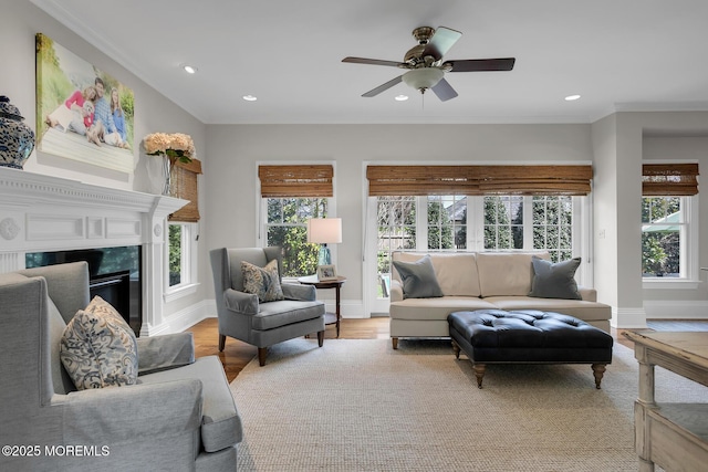15 Monmouth Ave, Rumson, NJ 07760 - living area featuring healthy amount of natural light, recessed lighting, baseboards, a ceiling fan, and crown molding