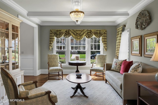 15 Monmouth Ave, Rumson, NJ 07760 - living room with wood finished floors, beamed ceiling, crown molding, and a wainscoted wall