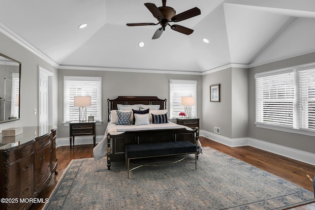 15 Monmouth Ave, Rumson, NJ 07760 - bedroom featuring lofted ceiling, multiple windows, dark wood-style floors, baseboards, and recessed lighting
