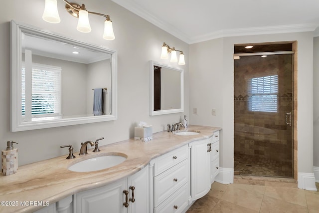 15 Monmouth Ave, Rumson, NJ 07760 - bathroom with double vanity, healthy amount of natural light, a stall shower, ornamental molding, and tile patterned flooring