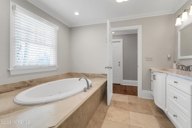 15 Monmouth Ave, Rumson, NJ 07760 - full bath featuring vanity, a jetted tub, ornamental molding, and recessed lighting