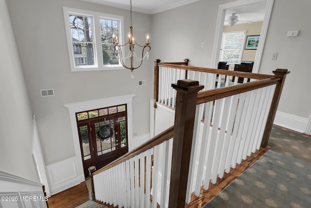 15 Monmouth Ave, Rumson, NJ 07760 - staircase with a chandelier, carpet flooring, a high ceiling, and ceiling fan