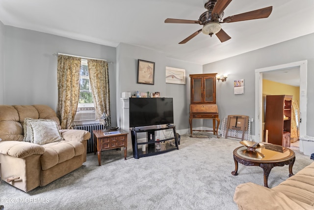 14 S Holmdel Rd, Holmdel, NJ 07733 - living room with a ceiling fan, radiator heating unit, and carpet flooring