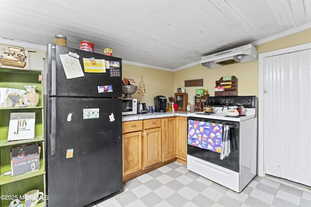 14 S Holmdel Rd, Holmdel, NJ 07733 - kitchen with light floors, white appliances, ornamental molding, light countertops, and under cabinet range hood
