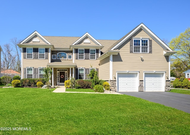 view of front of home featuring a garage, stone siding, a front yard, and aphalt driveway
