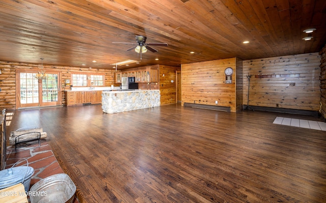 3297 Ridgeway Rd, Manchester, NJ 08759 - unfurnished living room with a ceiling fan, dark wood finished floors, wooden walls, and wooden ceiling