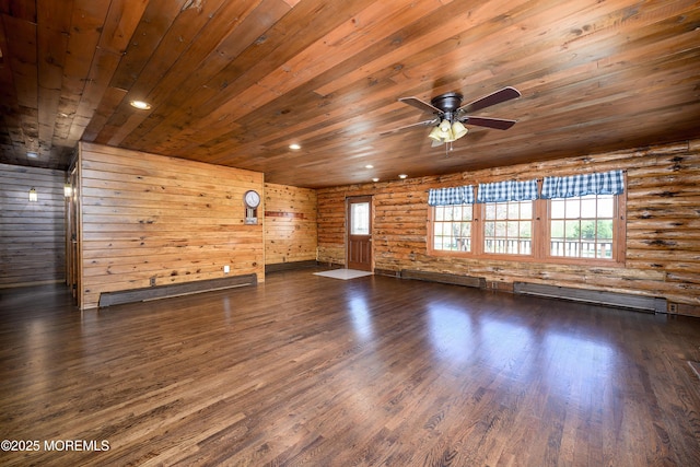 3297 Ridgeway Rd, Manchester, NJ 08759 - empty room featuring wood ceiling, a ceiling fan, dark wood finished floors, rustic walls, and recessed lighting