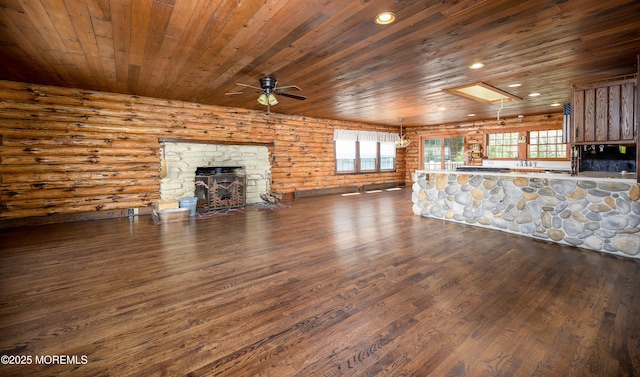 3297 Ridgeway Rd, Manchester, NJ 08759 - unfurnished living room featuring dark wood-style flooring, ceiling fan, log walls, and wood ceiling
