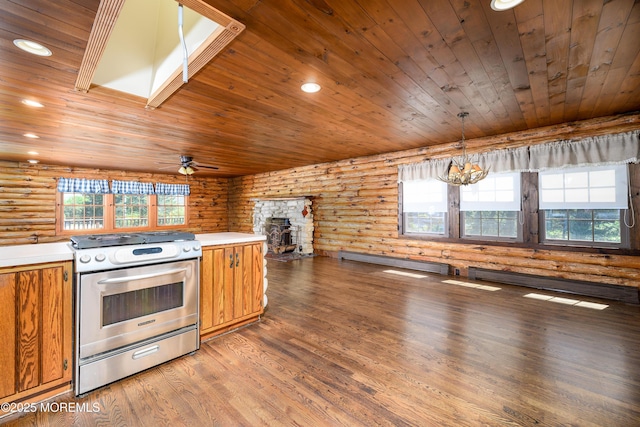 3297 Ridgeway Rd, Manchester, NJ 08759 - kitchen with log walls, wood ceiling, brown cabinets, and stainless steel range with electric stovetop