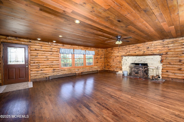 3297 Ridgeway Rd, Manchester, NJ 08759 - unfurnished living room with dark wood-type flooring, rustic walls, ceiling fan, and wooden ceiling