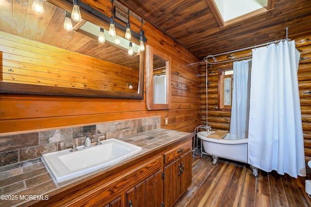 3297 Ridgeway Rd, Manchester, NJ 08759 - bathroom with wood ceiling, rustic walls, vanity, and hardwood / wood-style floors