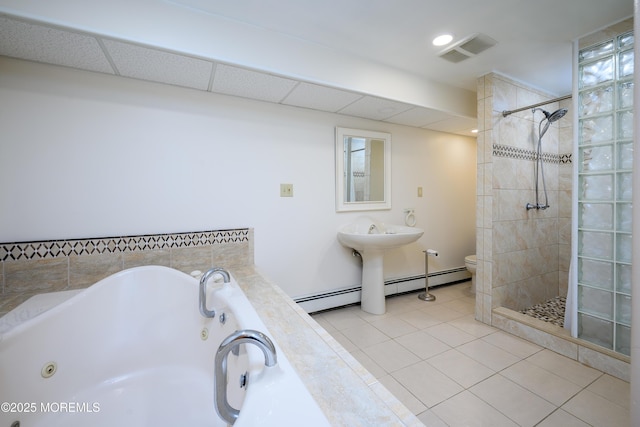 3297 Ridgeway Rd, Manchester, NJ 08759 - bathroom featuring toilet, tile patterned floors, a jetted tub, a shower stall, and visible vents