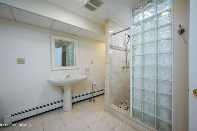 3297 Ridgeway Rd, Manchester, NJ 08759 - full bathroom featuring tile patterned flooring, walk in shower, a baseboard heating unit, and visible vents