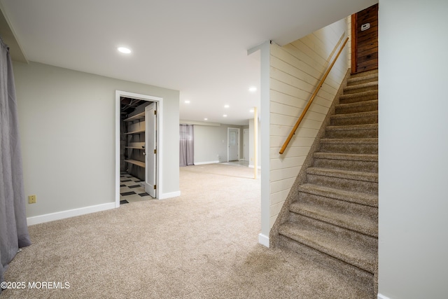 3297 Ridgeway Rd, Manchester, NJ 08759 - stairs with baseboards, carpet, recessed lighting, and wood walls