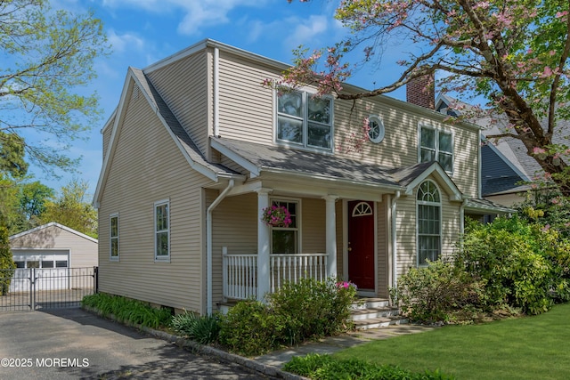 view of front of home with a front lawn, a garage, an outbuilding, a chimney, and covered porch