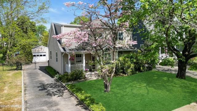 view of front of home featuring a garage, a front lawn, fence, covered porch, and an outbuilding