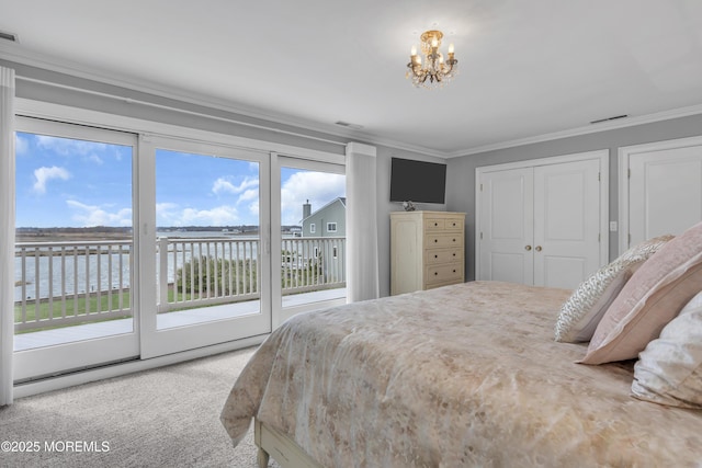 1540 Ocean Ave Unit 15, Sea Bright, NJ 07760 - carpeted bedroom with a chandelier, visible vents, crown molding, and access to outside