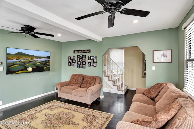 living area featuring a healthy amount of sunlight, recessed lighting, baseboards, and ceiling fan