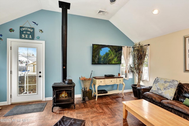 274 Prospect Ave, Old Bridge, NJ 08857 - living area with a wood stove, lofted ceiling, and recessed lighting