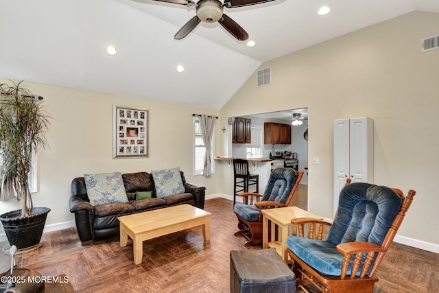 274 Prospect Ave, Old Bridge, NJ 08857 - living area featuring a ceiling fan, recessed lighting, and high vaulted ceiling