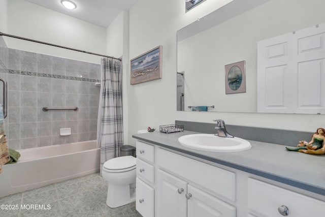 full bath with shower / bath combo, toilet, tile patterned flooring, and vanity