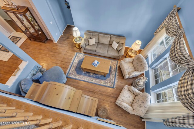 living area with a towering ceiling and wood finished floors