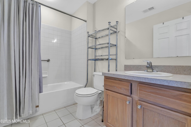 bathroom with visible vents, toilet, shower / bathtub combination with curtain, vanity, and tile patterned flooring